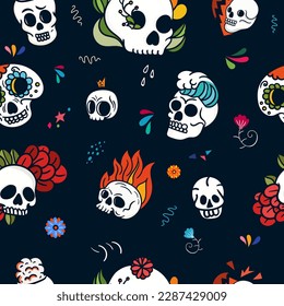 Skull seamless pattern. Repeating design element for printing on fabric. Flowers and lights, day of dead, Dia de los muertes. Traditional Mexican holiday and festival. Cartoon flat vector illustration