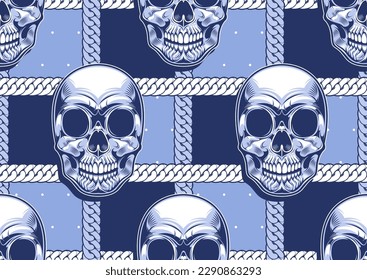 skull seamless pattern with rope background, image punk background, street comic art, hawaii textile fashion, bone artwork for fabric print, clothes, pants, handkerchief or banner website