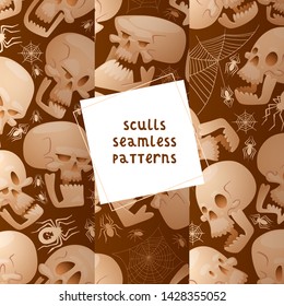 Skull seamless pattern vector dead head crossbones human tattoo illustration thick-skulled set of horror symbol of death evil on halloween background wallpaper.