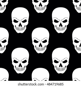 Skull seamless pattern vector illustration. Black and white drawing