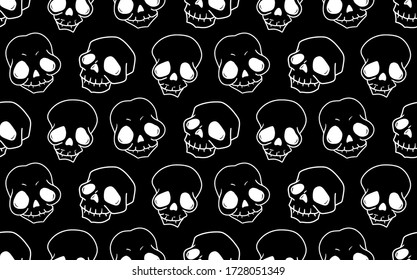 Skull seamless pattern, vintage vector art for fabric, festival invitation, poster on Halloween or Day of the Dead in Mexico party, metal rock event. Human sugar skull art, funny cartoon, horror print