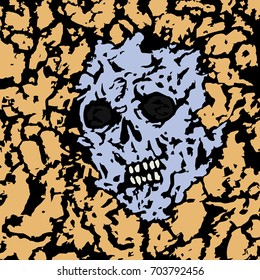 The skull is seen from under the ground. Vector illustration. Genre of horror. Scary monster face. States of mind.