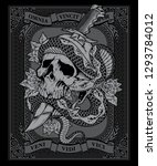 Skull with serpent and dagger on ornate background