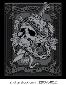 Skull with serpent and dagger on ornate background