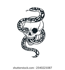 Skull with serpent, vintage drawing. Skeleton head bone with snake, detailed outline ink tattoo. Contoured engraved haunting tatoo. Hand-drawn vector illustration isolated on white background