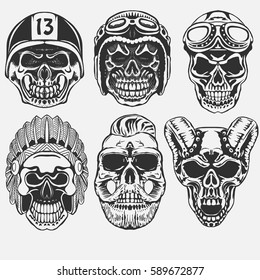 Skull set, Dead Motorcycle rider in helmet. hipster skeleton. vector