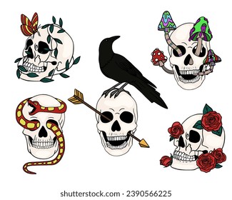 Skull set design. Bright Magic Psychedelic Mushrooms and skulls. Tattoo template of skull with flowers and snake