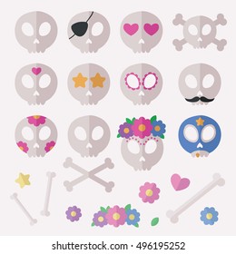 Skull set. Flat design icon collection of skulls - for Day of the Dead Dia de los Muertos or for Halloween. Vector illustration