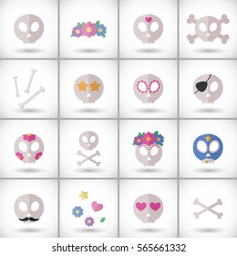 Skull set. Flat design icon collection of skulls - for Day of the Dead Dia de los Muertos or for Halloween. Vector illustration