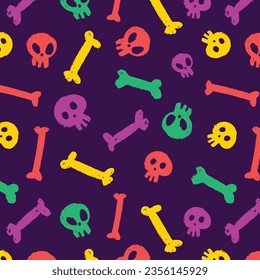 Skull set. Seamless pattern with flat design of skulls on the dark background. Vector illustration