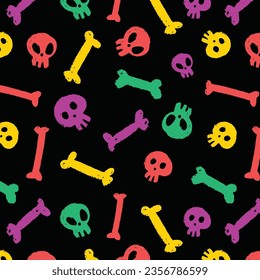 Skull set. Seamless pattern with flat design of skulls on the dark background. Vector illustration