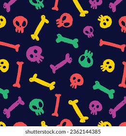 Skull set. Seamless pattern with flat design of skulls on the dark background. Vector illustration