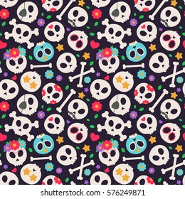 Skull set. Seamless pattern with flat design of skulls on the dark background. Vector illustration