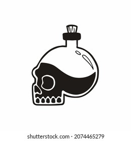 Skull Shape Bottle of Poison Icon Logo Design. Black and White Stencil Tattoo. Flat Vector Illustration on White Background.
