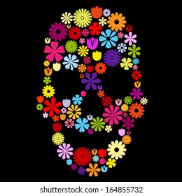 Skull shape made of many colorful flowers on black, contrast concept