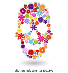 Skull shape made of many colorful flowers with shadow on white, dia de los muertos