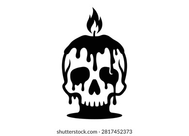 Skull shaped candle with dripping wax and a lit flame on top