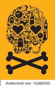 Skull shaped composition with Halloween silhouettes.