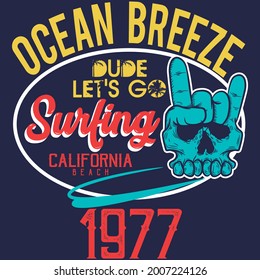 skull shaped hand surf style with text and navy blue background