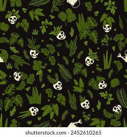 Skull shaped planters mixed with lush foliage in this seamless vector. Set against a dark backdrop it creates a haunting yet captivating design. Perfect for adding a touch of mystery to your projects.