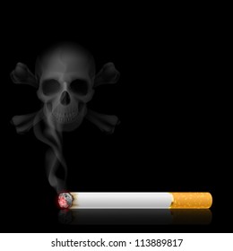 Skull shaped smoke comes out from cigarette on black