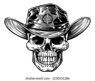Skull sheriff cowboy drawing in a vintage retro woodcut etched or engraved style