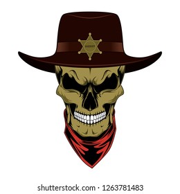 Skull sheriff in hat. Color vector image on a white background.