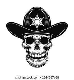 Skull of sheriff vector illustration. Head of police officer in hat with star. Authority concept for law and western topics or tattoo template