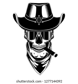 Skull in a sheriff's hat with a cigar.