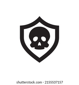 skull shield, cyber attack protection icon in black flat glyph, filled style isolated on white background