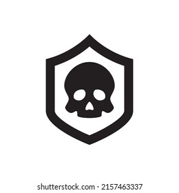 skull shield, cyber attack protection icon in black flat glyph, filled style isolated on white background