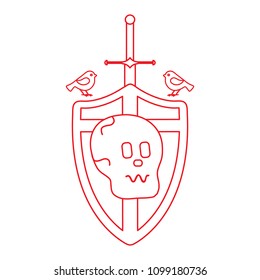 Skull, shield, sword, birds. Design element for postcard, banner or print.