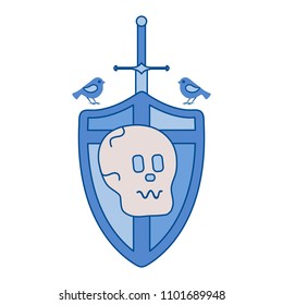 Skull, shield, sword, birds. Design element for postcard, banner or print.
