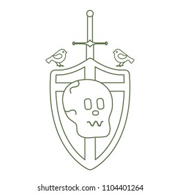 Skull, shield, sword, birds. Design element for postcard, banner or print.