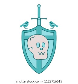 Skull, shield, sword, birds. Design element for postcard, banner or print.