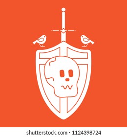 Skull, shield, sword, birds. Design element for postcard, banner or print.