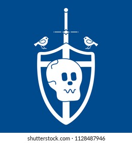 Skull, shield, sword, birds. Design element for postcard, banner or print.
