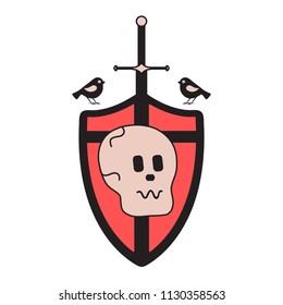 Skull, shield, sword, birds. Design element for postcard, banner or print.