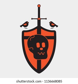 Skull, shield, sword, birds. Design element for postcard, banner or print.