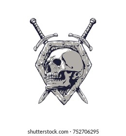 skull of shield and sword black illustration on white background