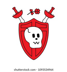 Skull, shield, two crossed swords, clover. Design element for postcard, banner or print.