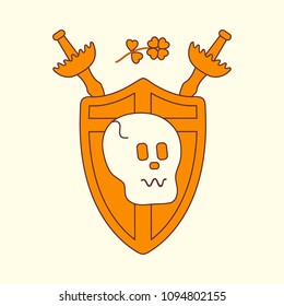 Skull, shield, two crossed swords, clover. Design element for postcard, banner or print.