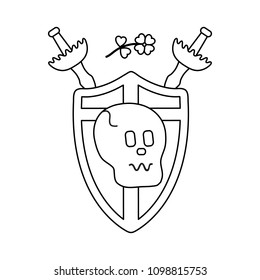 Skull, shield, two crossed swords, clover. Design element for postcard, banner or print.