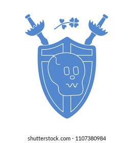 Skull, shield, two crossed swords, clover. Design element for postcard, banner or print.