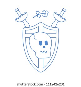 Skull, shield, two crossed swords, clover. Design element for postcard, banner or print.