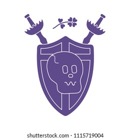 Skull, shield, two crossed swords, clover. Design element for postcard, banner or print.