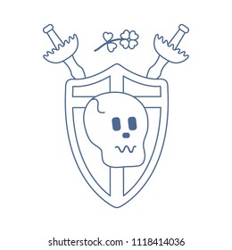 Skull, shield, two crossed swords, clover. Design element for postcard, banner or print.