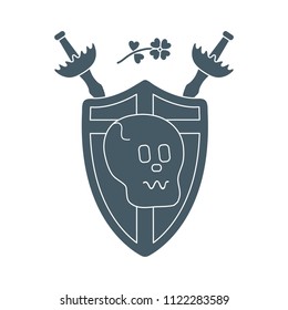 Skull, shield, two crossed swords, clover. Design element for postcard, banner or print.
