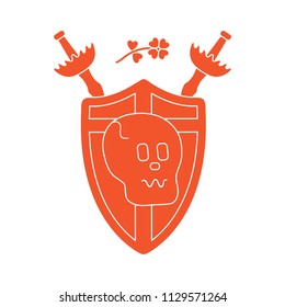 Skull, shield, two crossed swords, clover. Design element for postcard, banner or print.