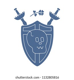 Skull, shield, two crossed swords, clover. Design element for postcard, banner or print.